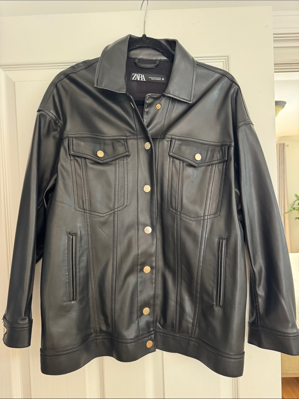 ZARA Black Faux Leather Trucker Jacket/ Shacket with Gold Buttons